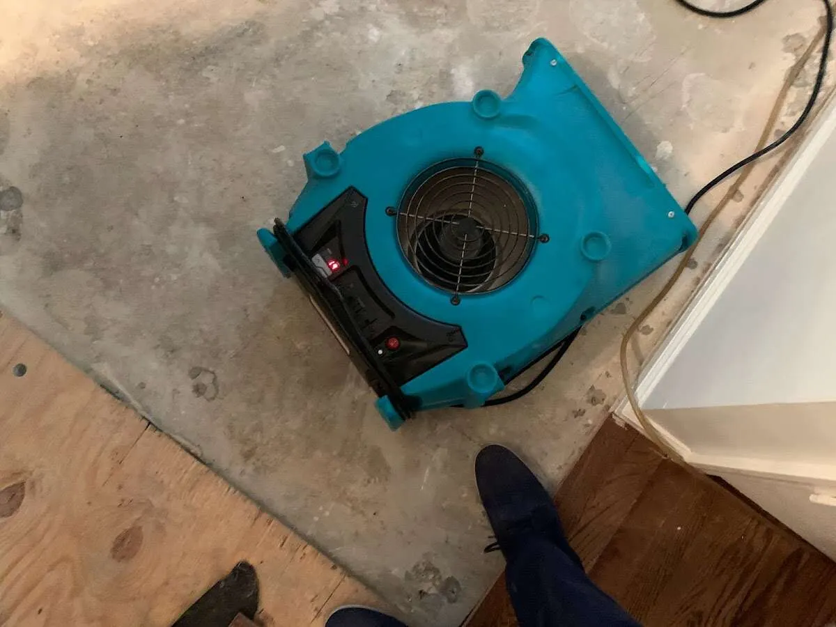 Air mover drying subfloor during Leak Detection & Repair in Rochelle